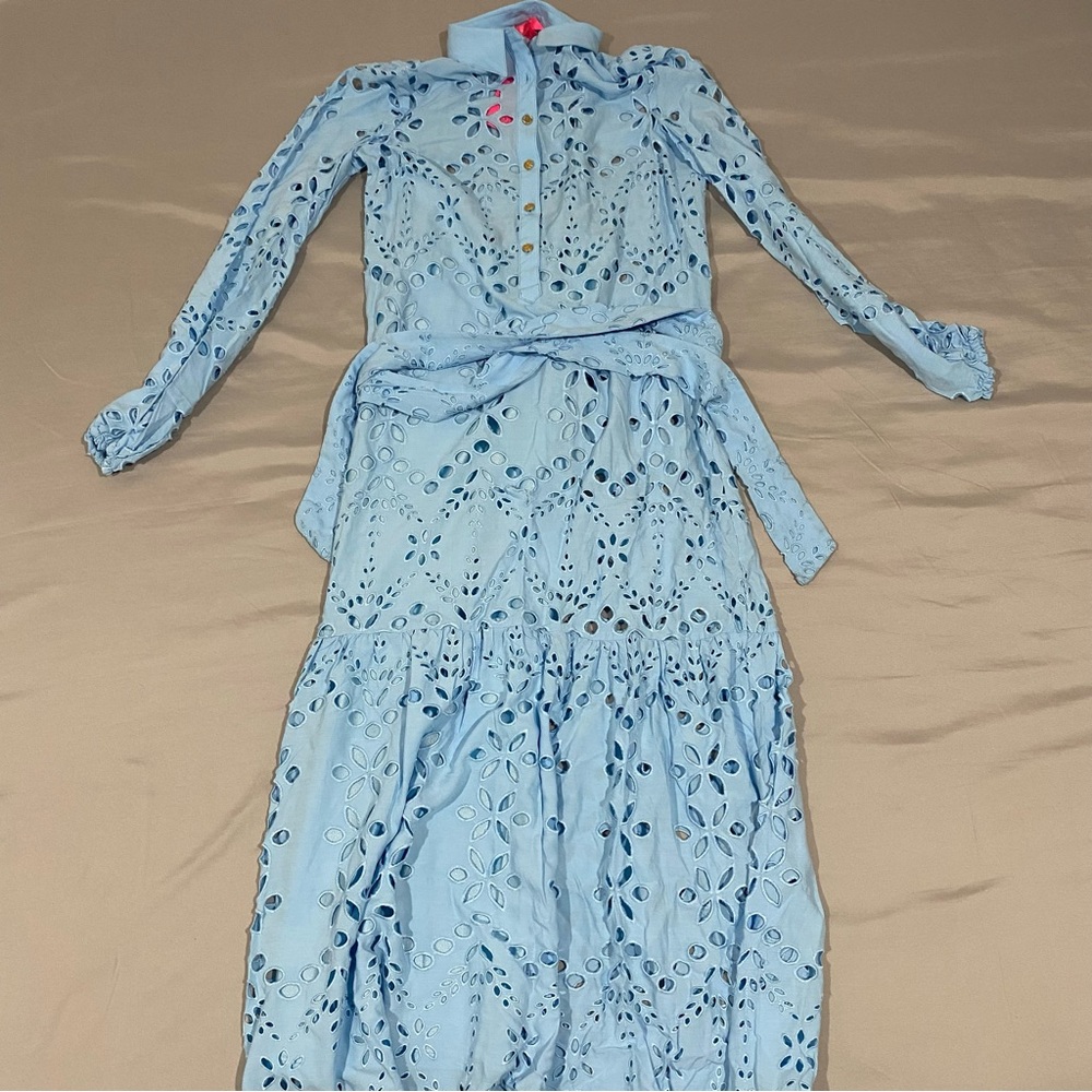 LILLY PULITZER Zia Long Sleeve Eyelet Midi Dress in Hydra Blue - Picture 4 of 16